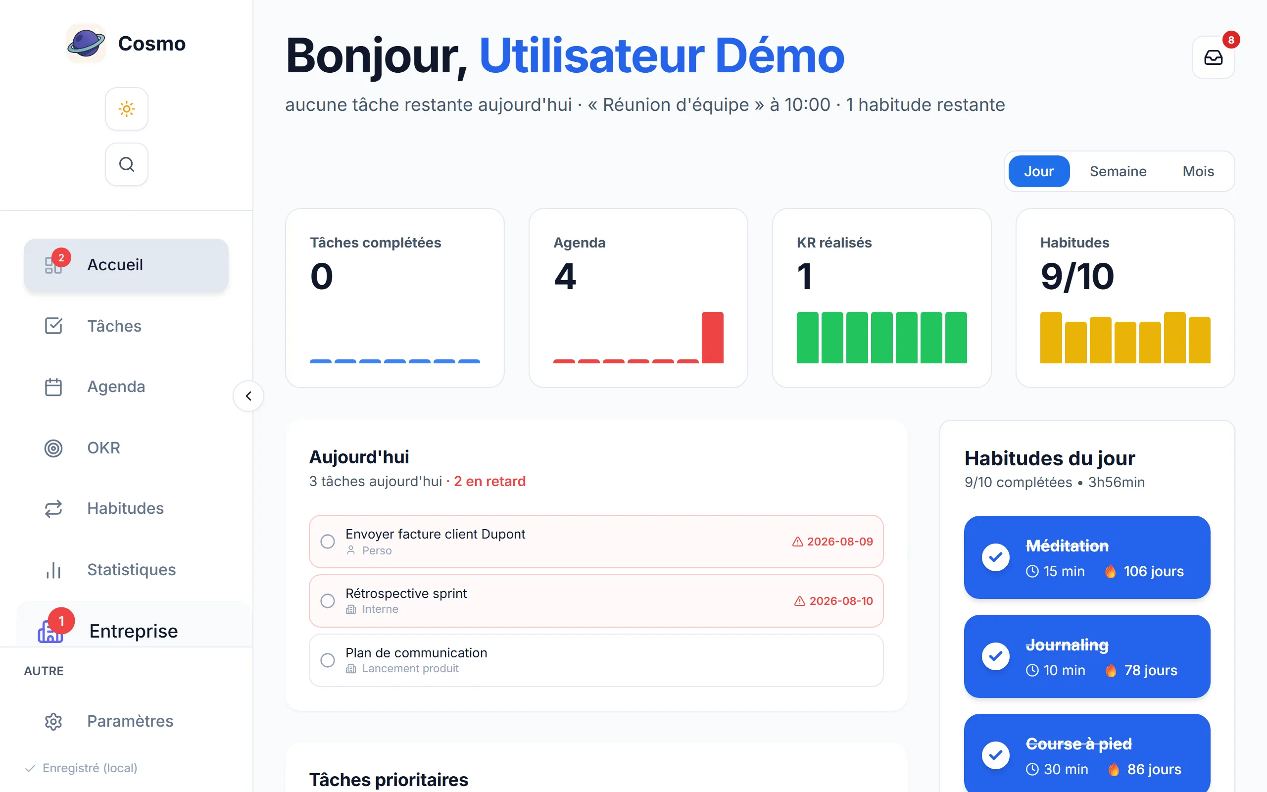 Tableau de bord Cosmo : tâches complétées, événements d'agenda, résultats clés atteints et habitudes du jour réunis sur un seul écran