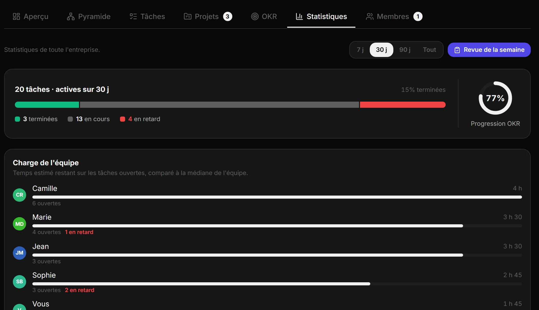 The Statistics tab in Cosmo for companies: OKR progress and workload for each team member